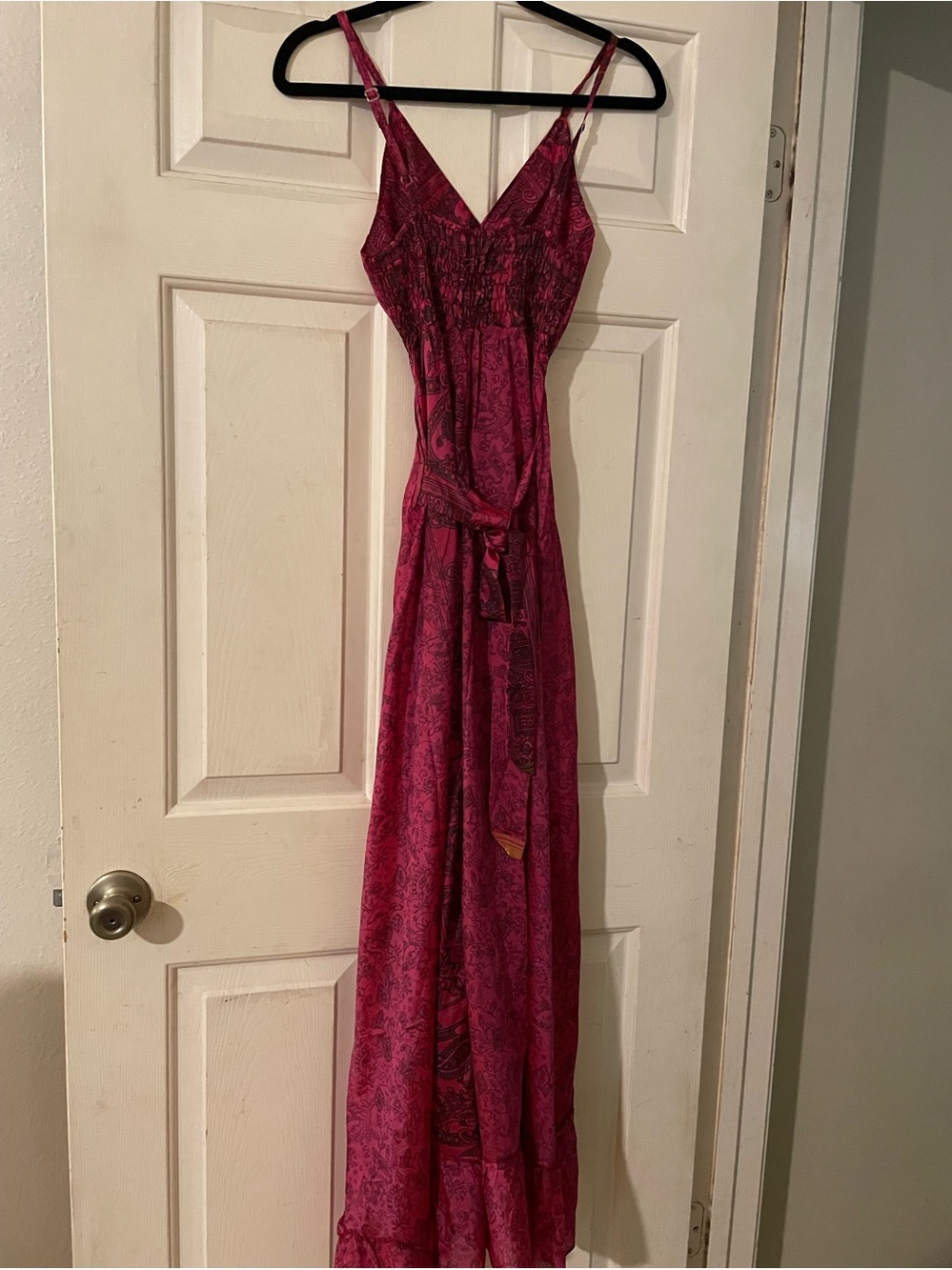 Vintage Magenta Fuchsia Paisley Print Smocked Tie Waist Maxi Dress